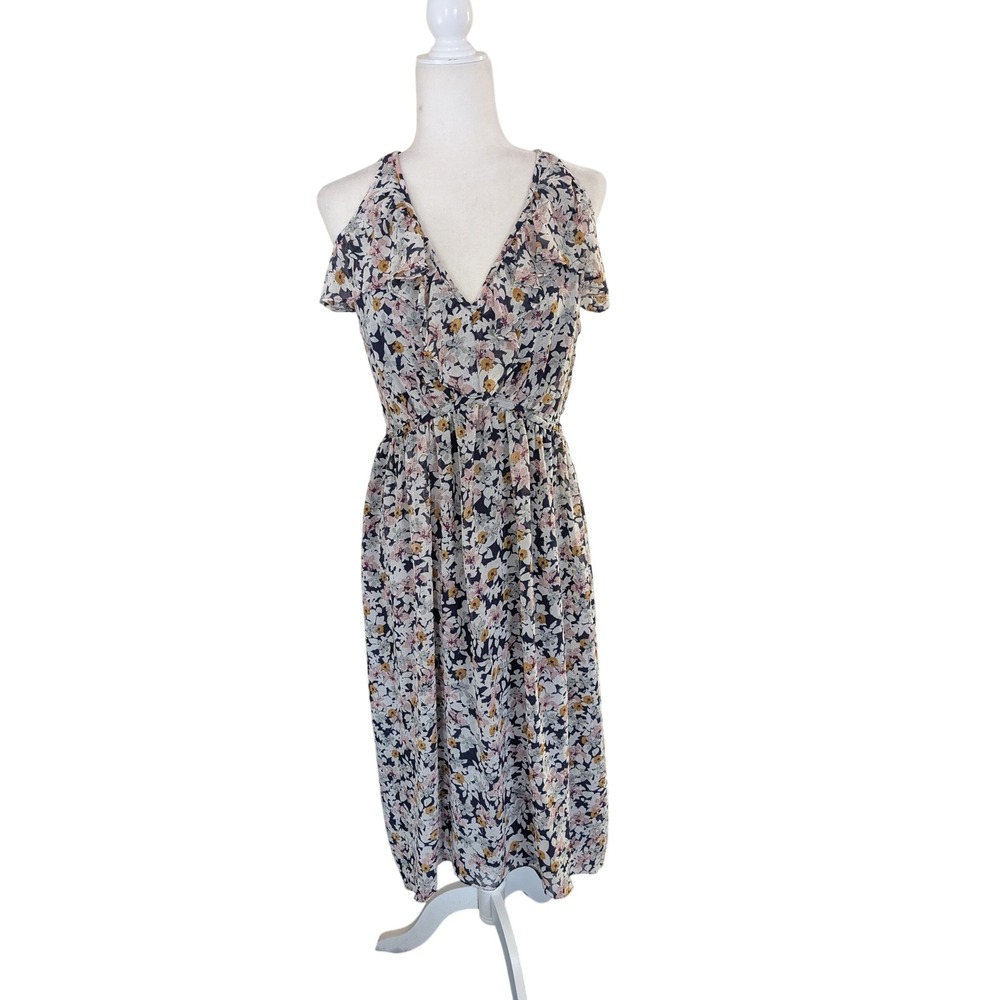 I ❤️ Ronson Floral Cold Shoulder Ruffle Midi Dress High Low Flowy Navy Pink L